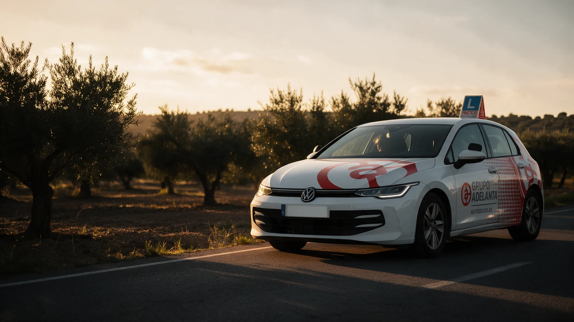 VW Golf de prácticas de Autoescuela Adelanta en carretera entre olivos